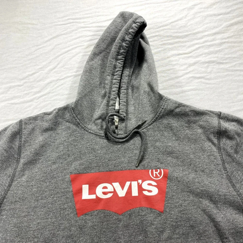 Levis Hoodie Mens XXL 2XL Gray Red White Pullover‎ Spell Out Sweatshirt Fleece